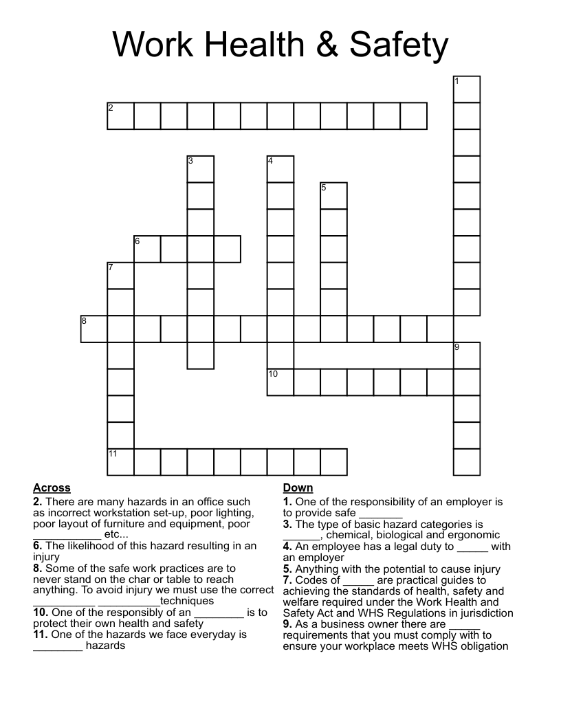 Work Health & Safety  Crossword