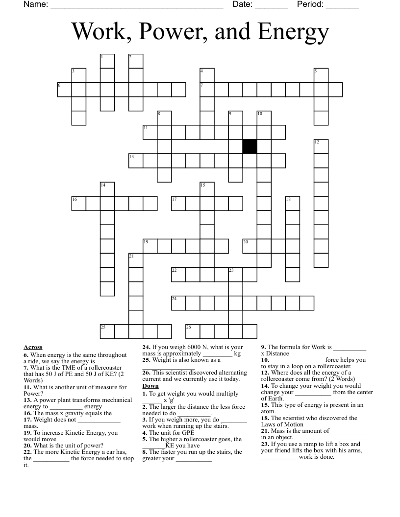 Work, Power, and  Energy Crossword