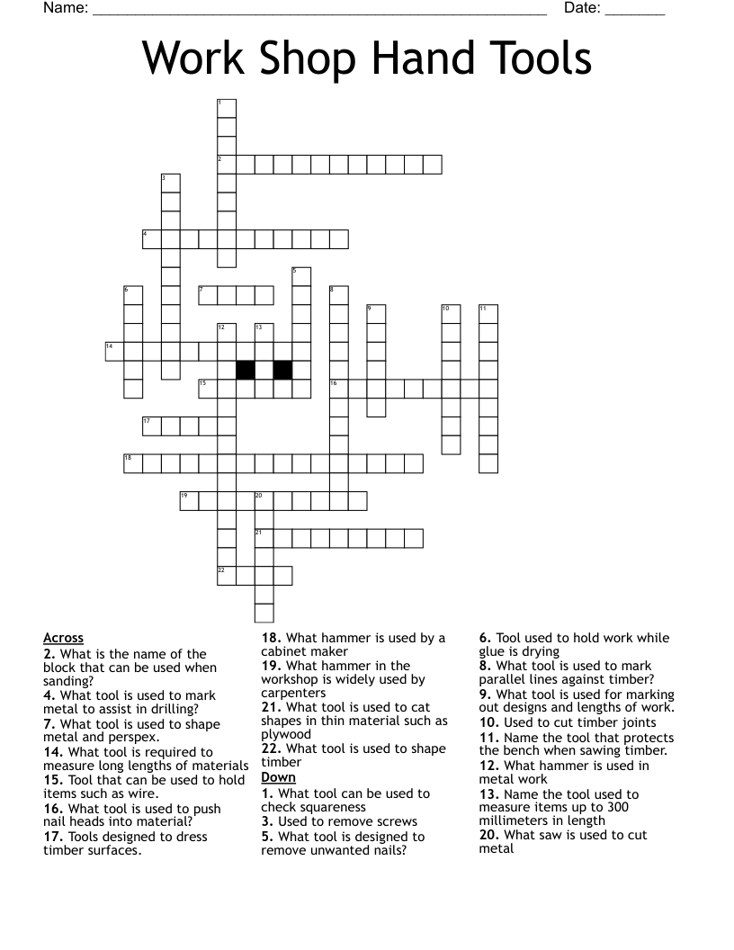 Work Shop Hand Tools Crossword