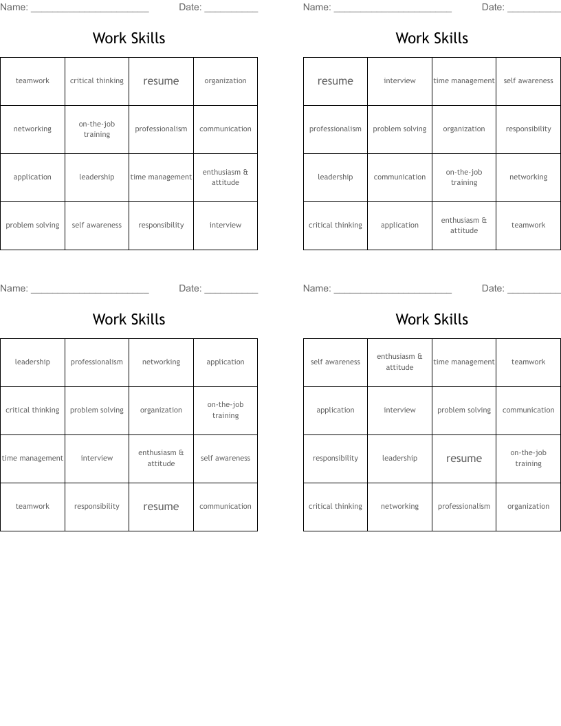 Work Skills Bingo Cards