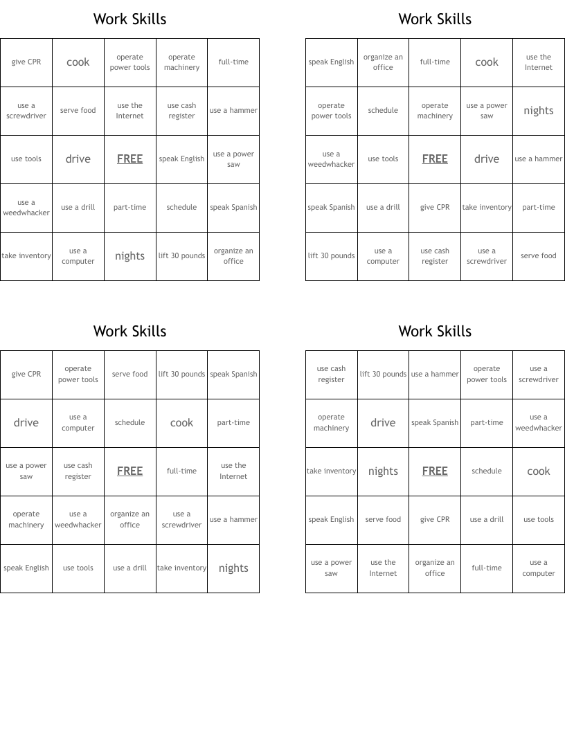 Work Skills Bingo Cards