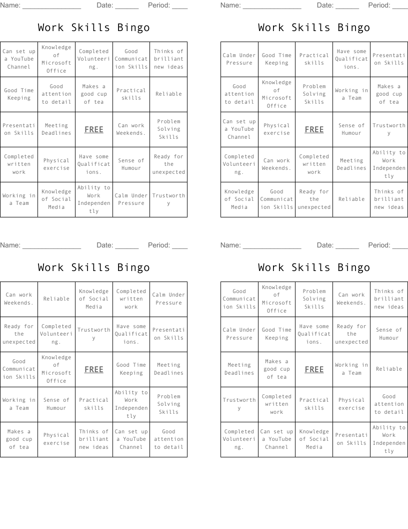Work Skills Bingo