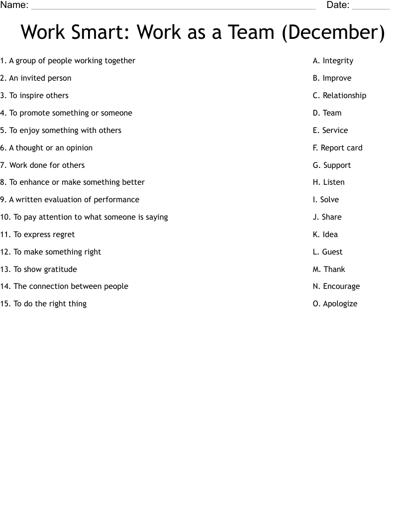 Work Smart: Work as a Team (December) Worksheet