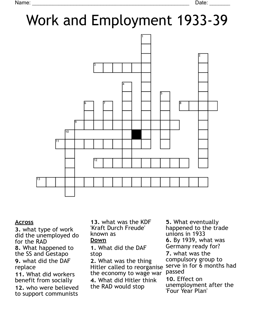 Work and Employment 1933-39 Crossword