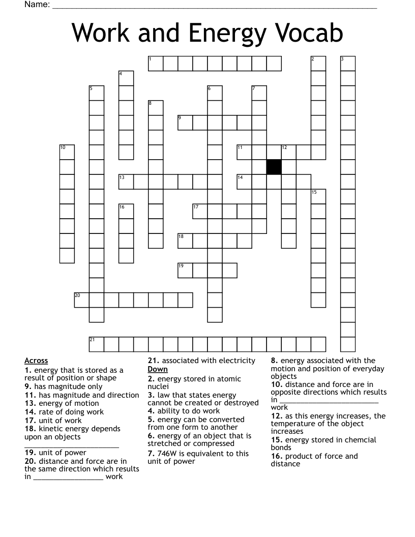 Work and Energy Vocab Crossword