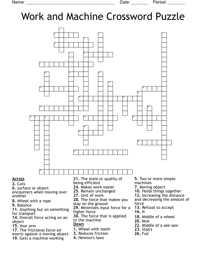 Work and Machine Crossword Puzzle