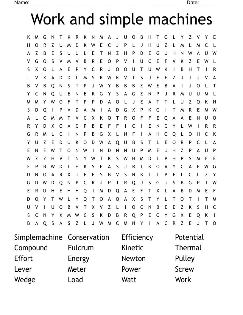 Work and simple machines  Word Search