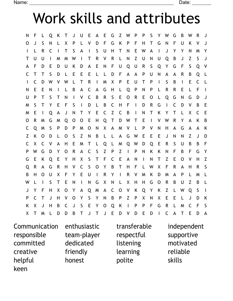 Work skills and attributes Word Search