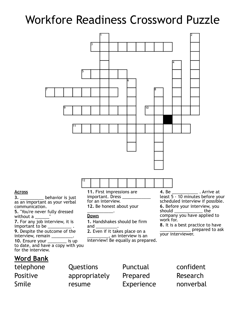 Workfore Readiness Crossword Puzzle
