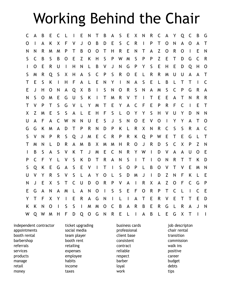 Working Behind the Chair Word Search
