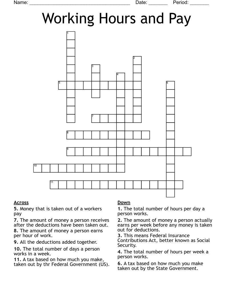 Working Hours and Pay Crossword