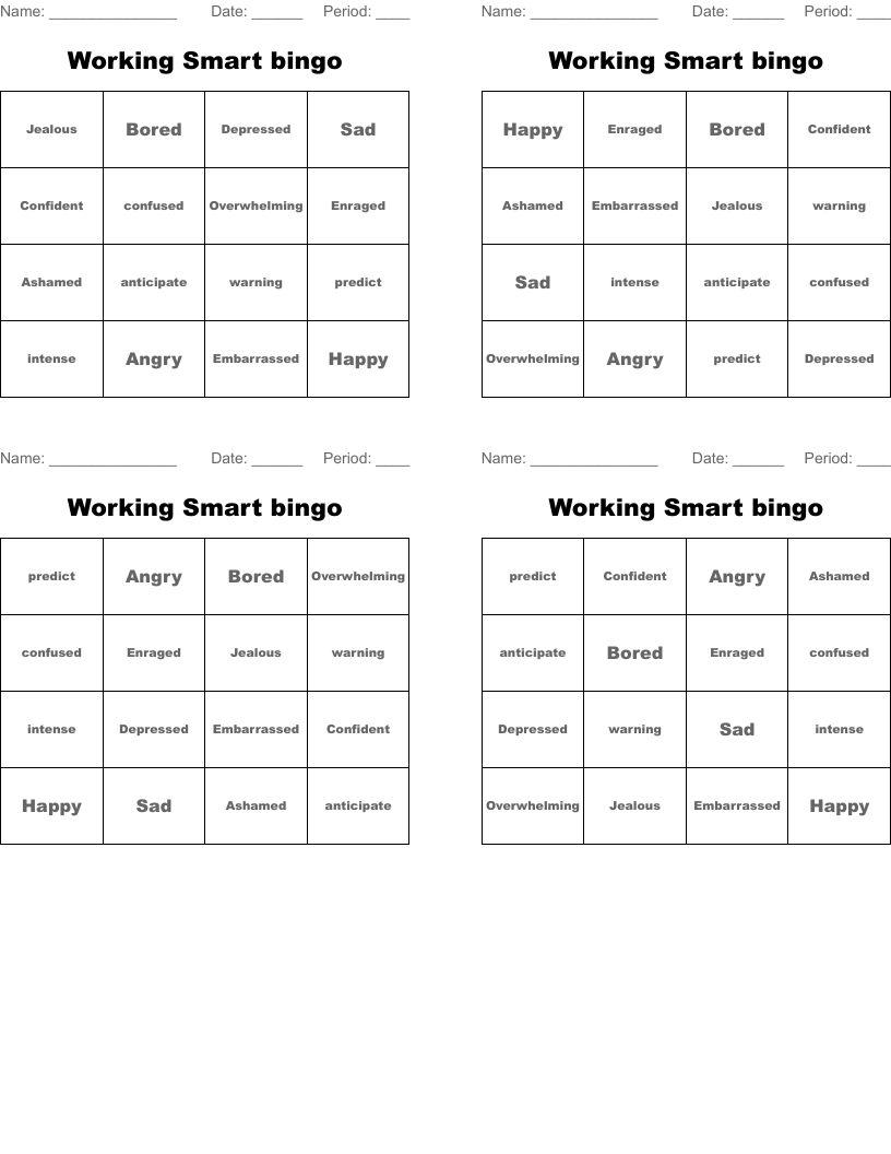 Working Smart bingo