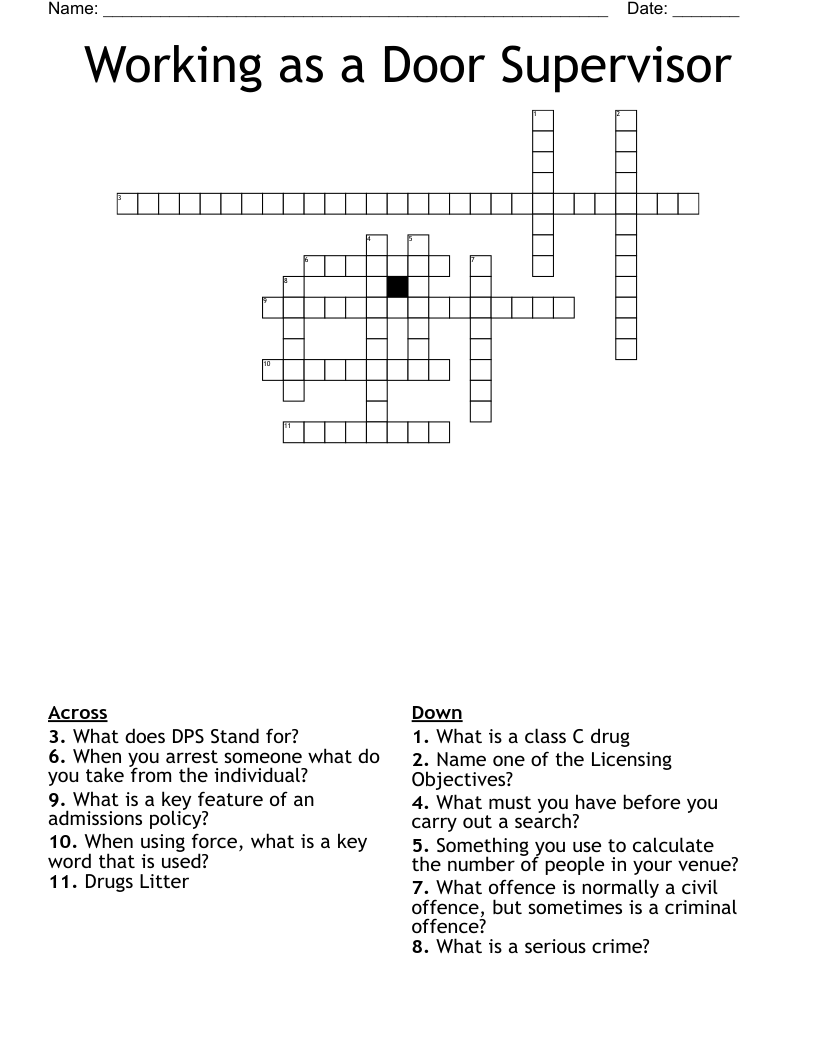 Working as a Door Supervisor Crossword