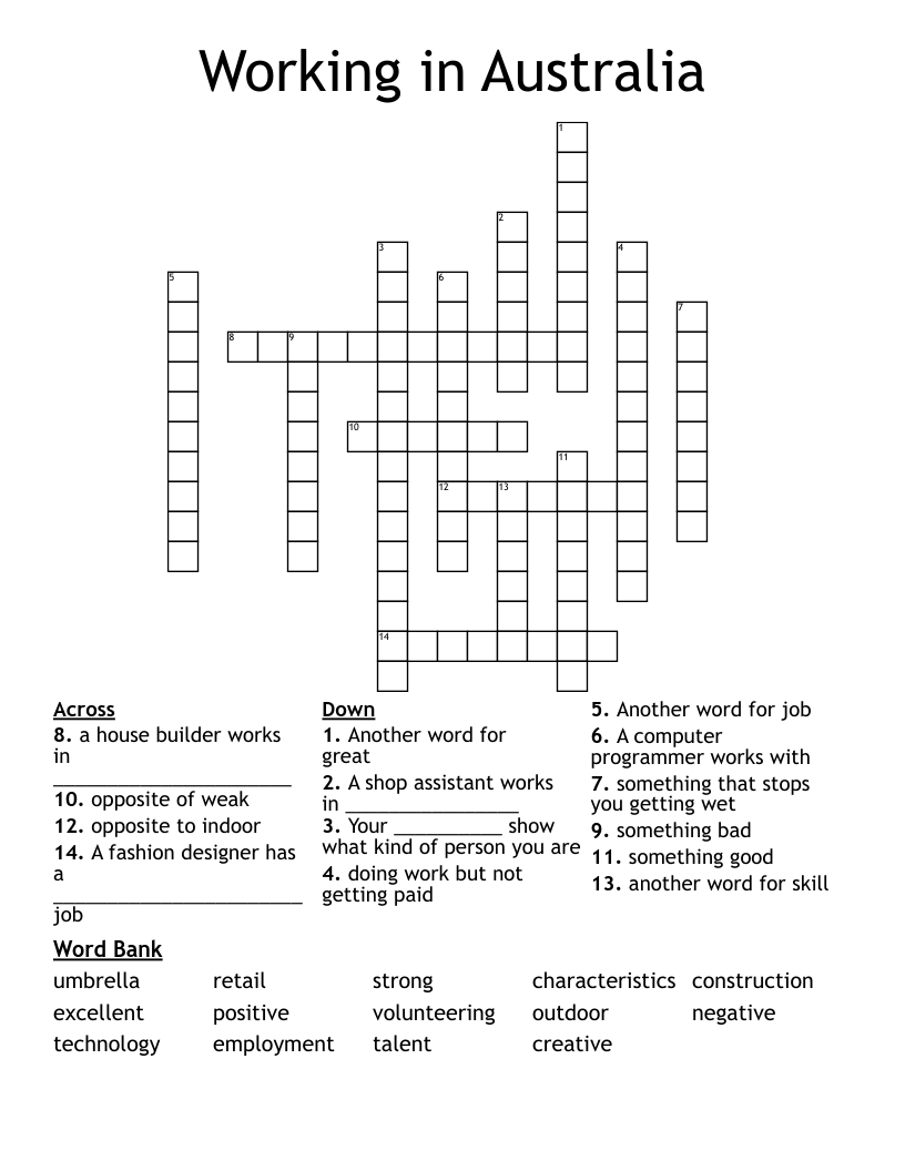 Working in Australia Crossword