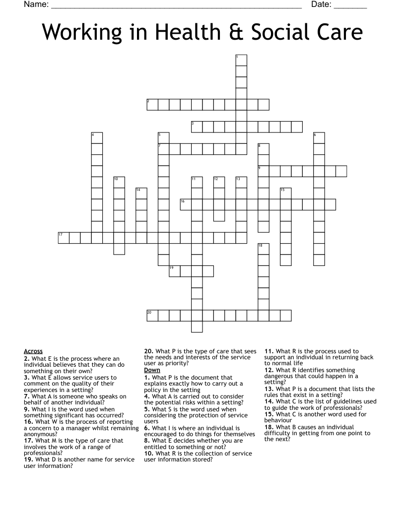 Working in Health & Social Care Crossword