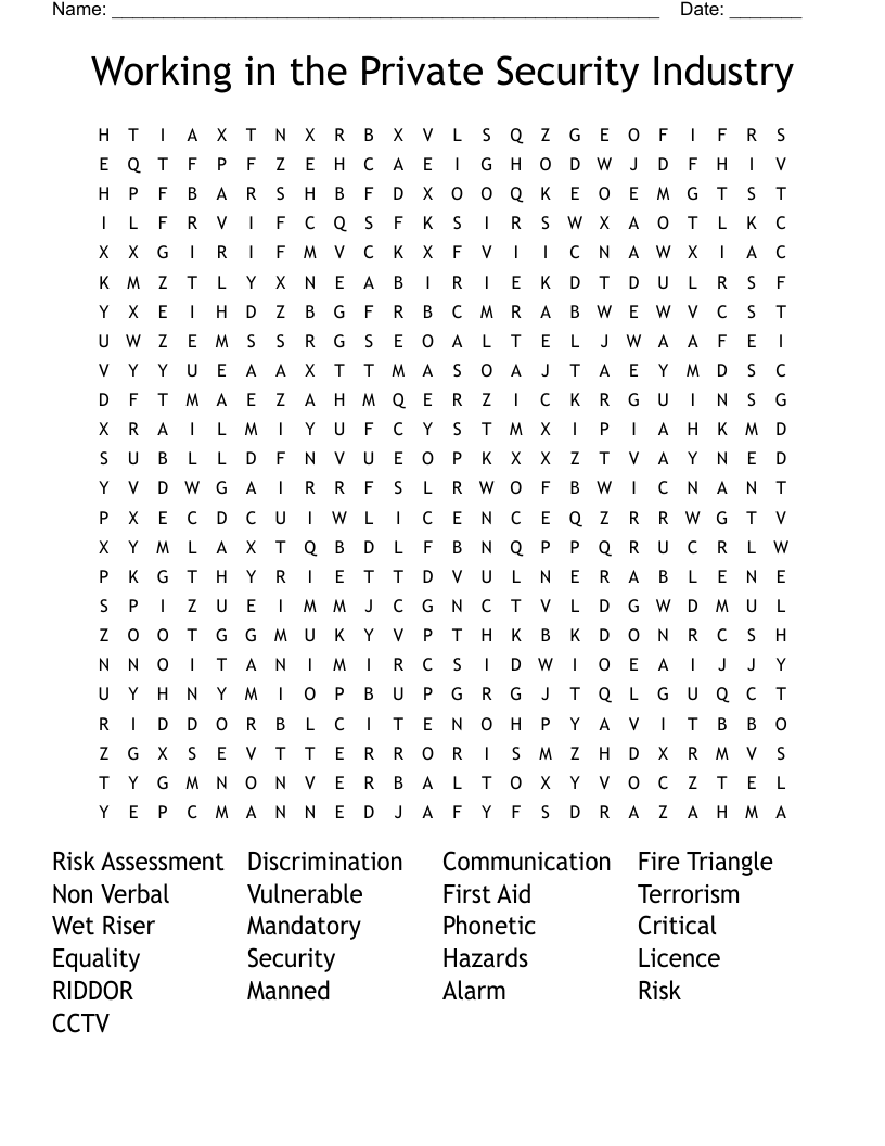 Working in the Private Security Industry Word Search