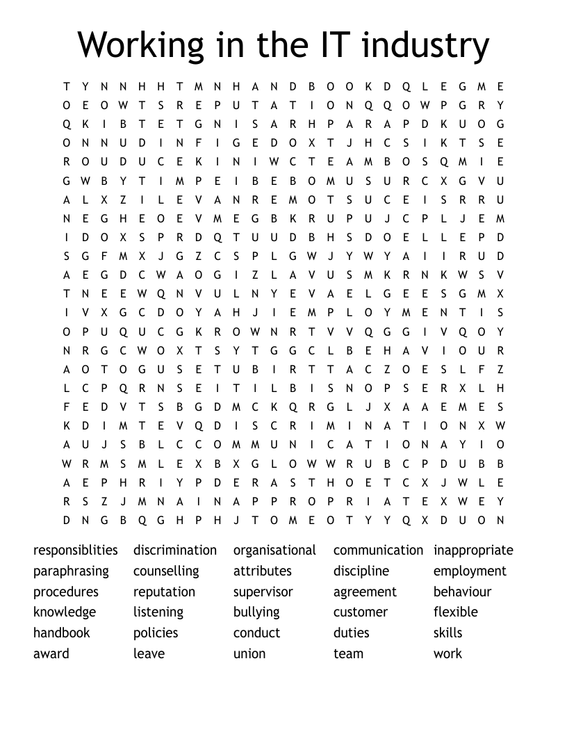 Working in the IT industry Word Search