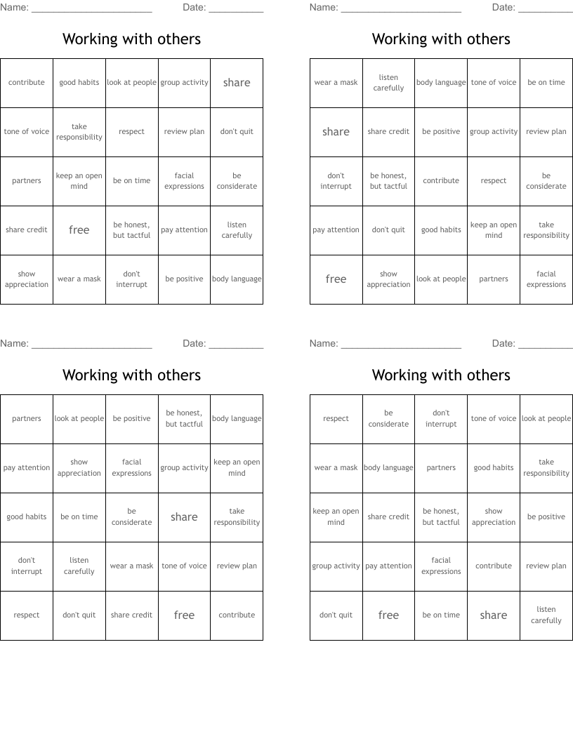 Working with others Bingo Cards