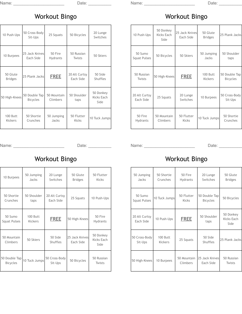 Workout Bingo