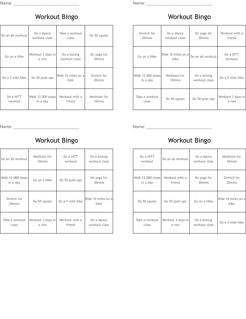 Workout Bingo