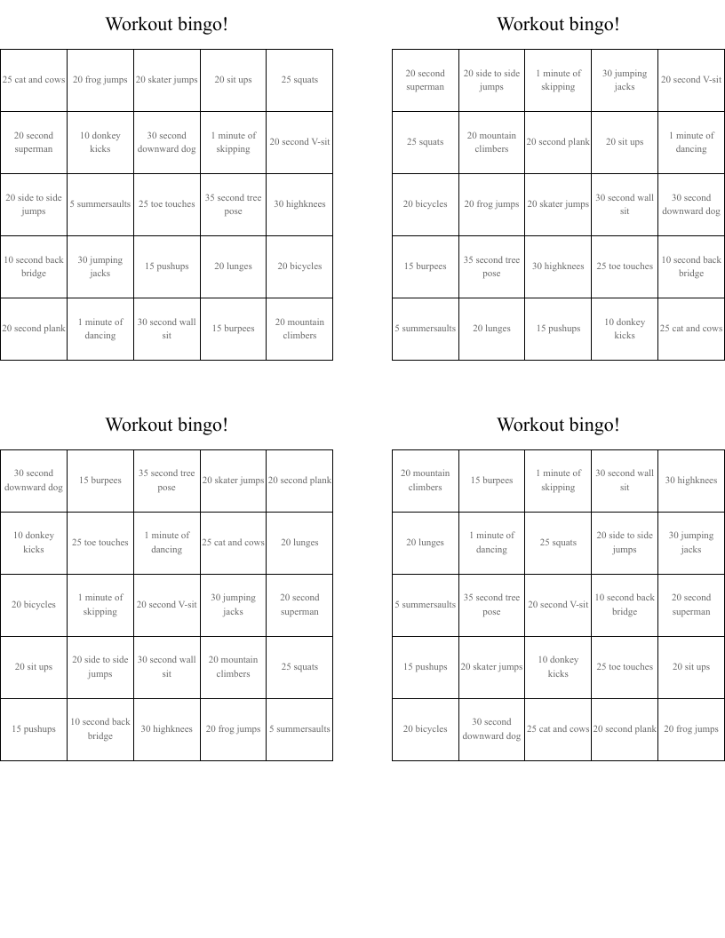 Workout bingo!