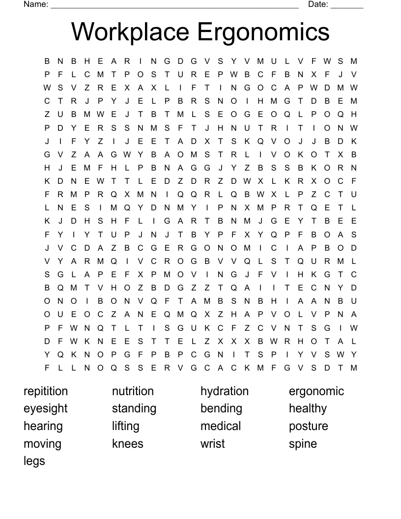 Workplace Ergonomics Word Search
