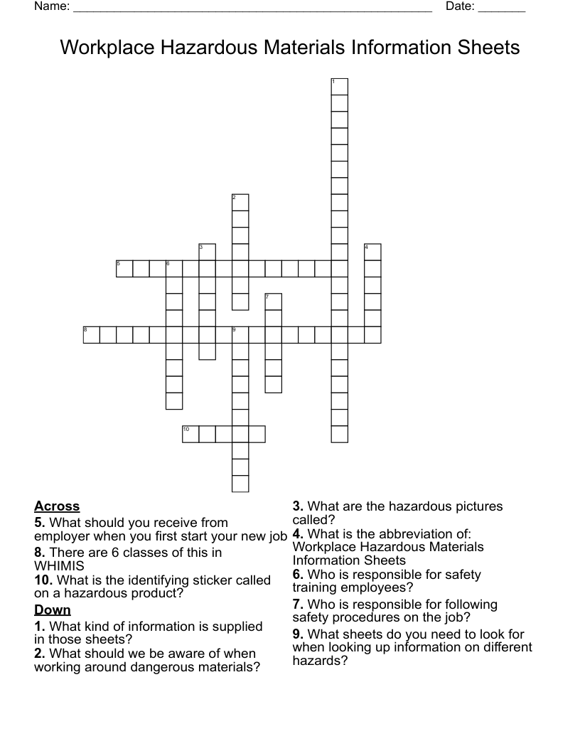 Workplace Hazardous Materials Information Sheets Crossword