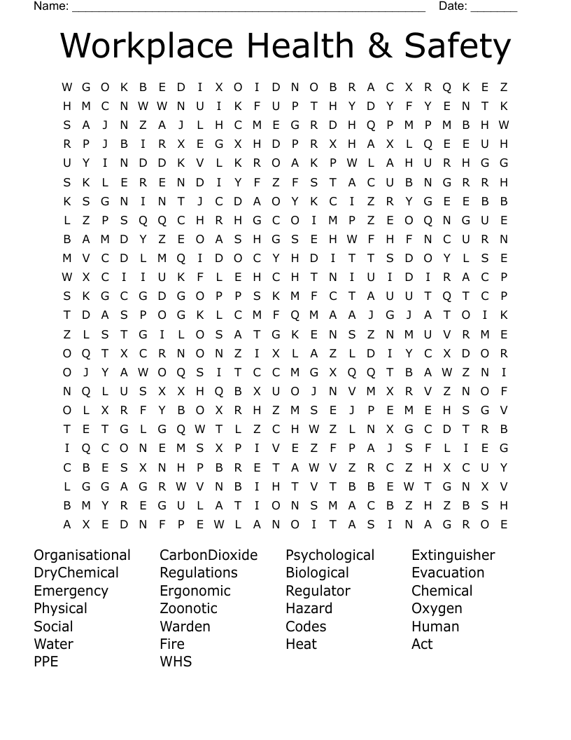 Workplace Health & Safety Word Search