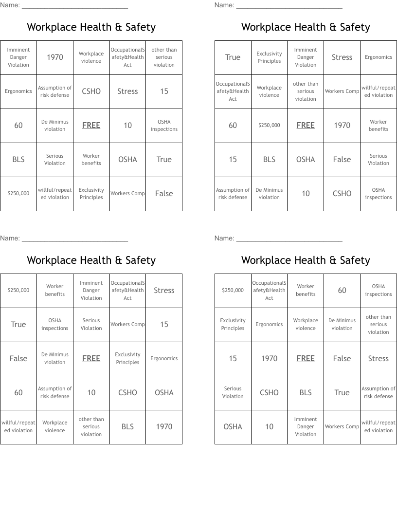 Workplace Health & Safety  Bingo Cards