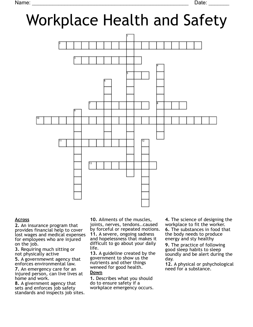 Workplace Health and Safety Crossword