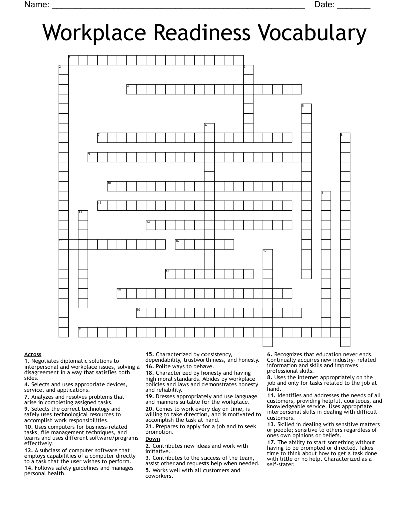 Workplace Readiness Vocabulary Crossword