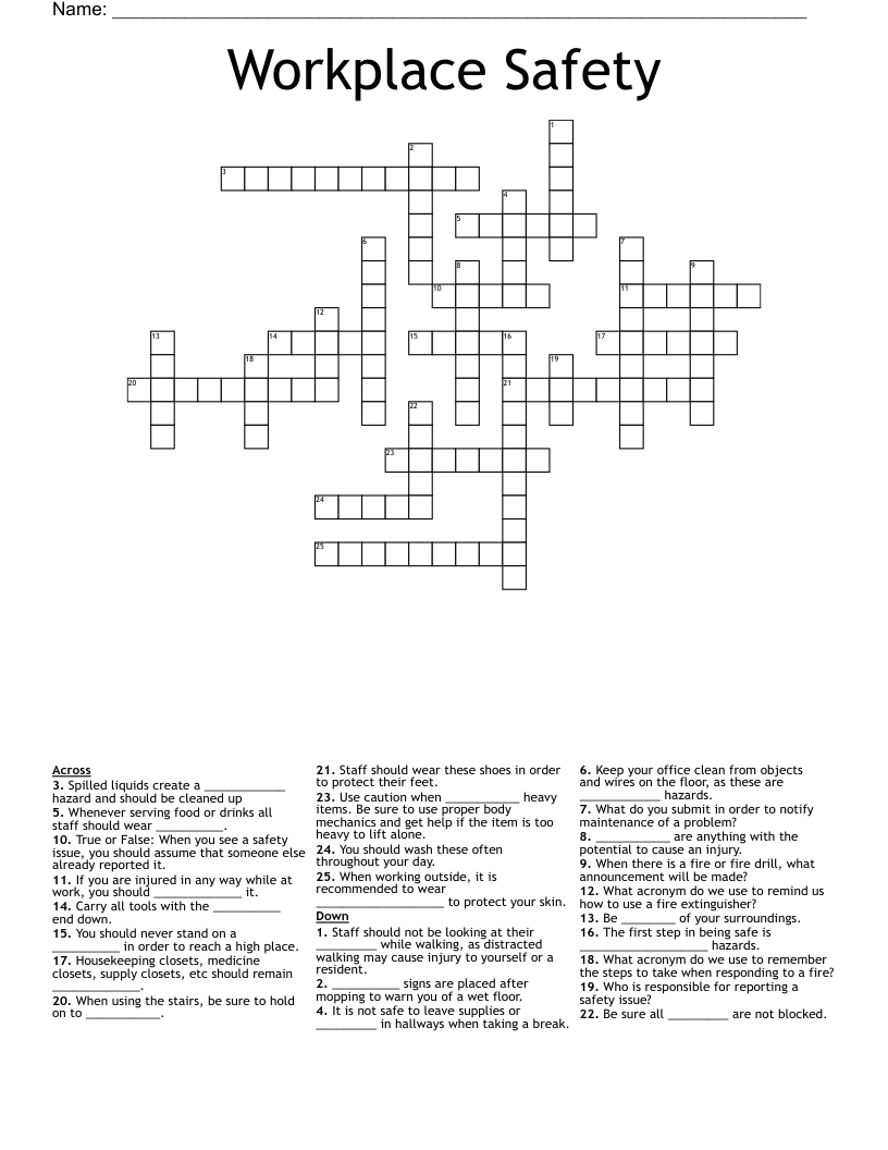 Workplace Safety Crossword