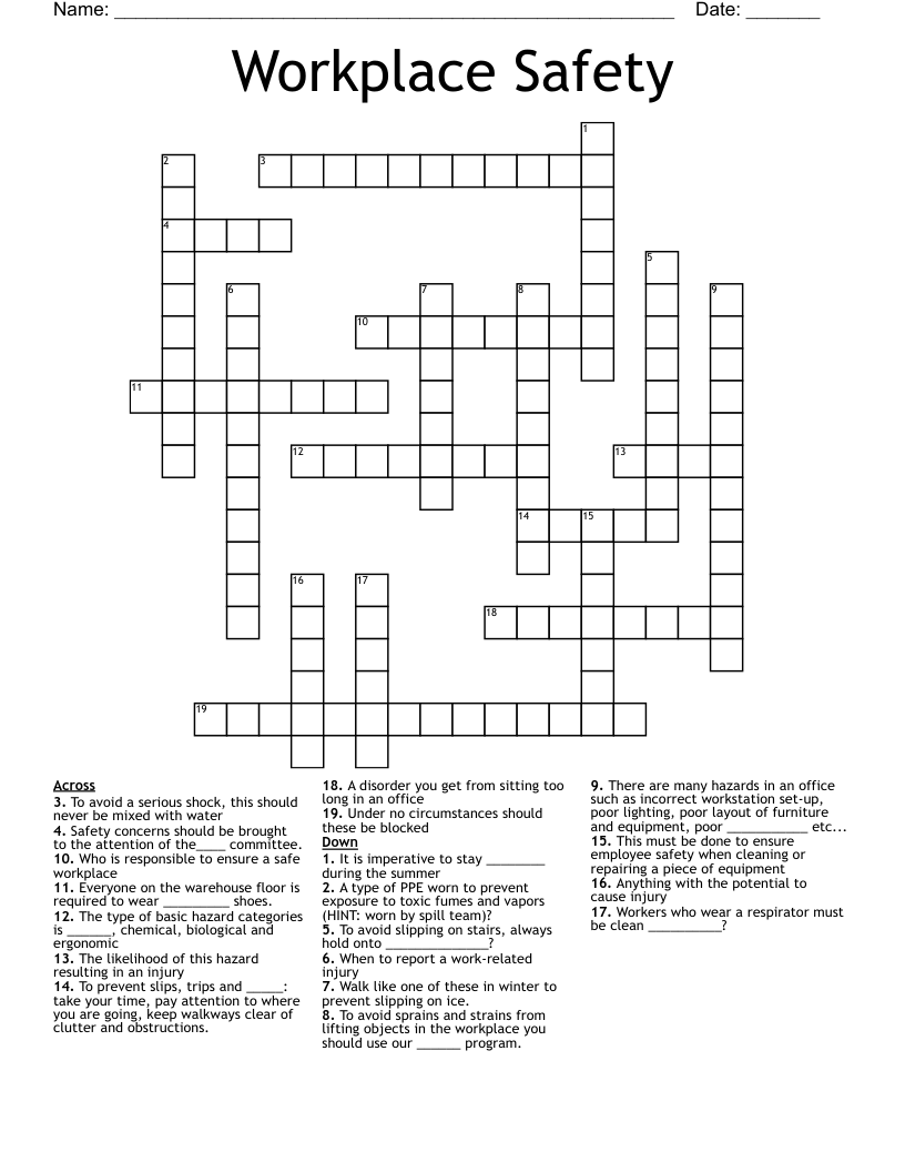 Workplace Safety Crossword