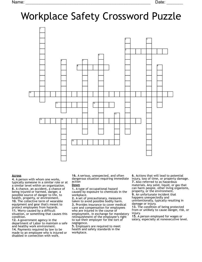Workplace Safety Crossword Puzzle