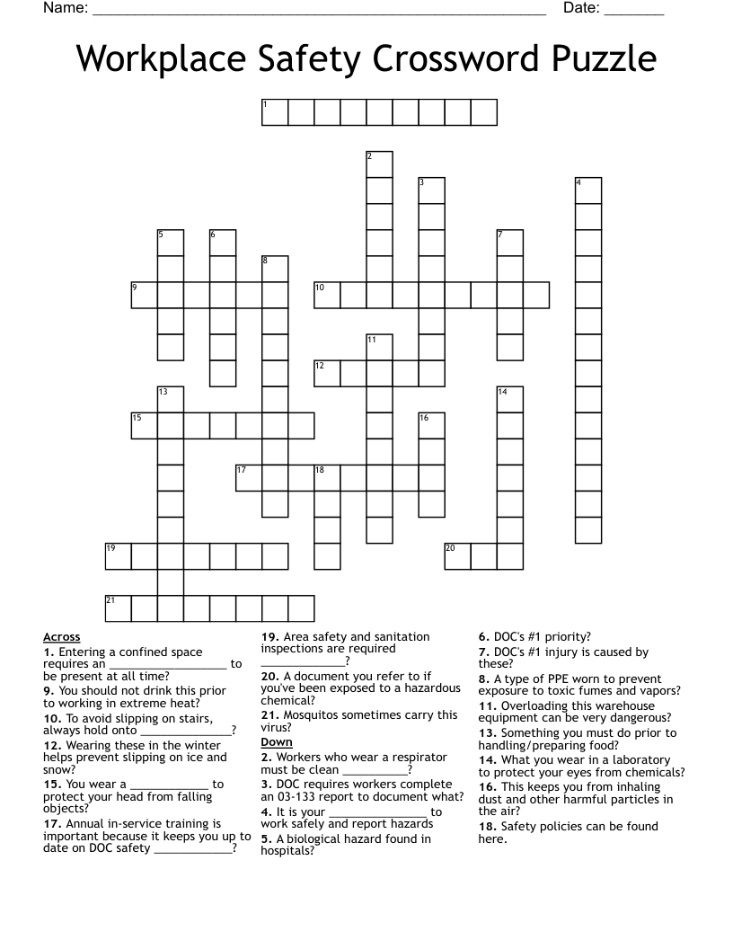 Workplace Safety Crossword Puzzle