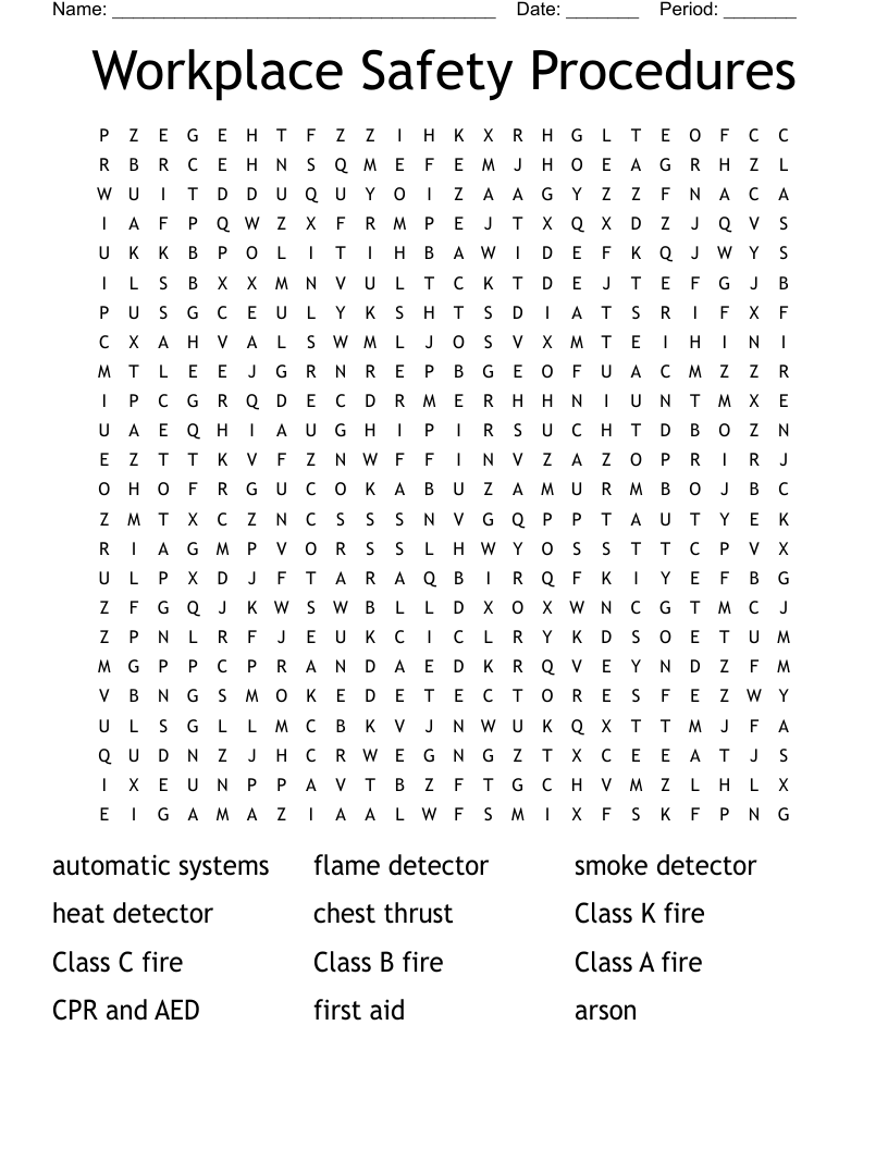 Workplace Safety Procedures Word Search