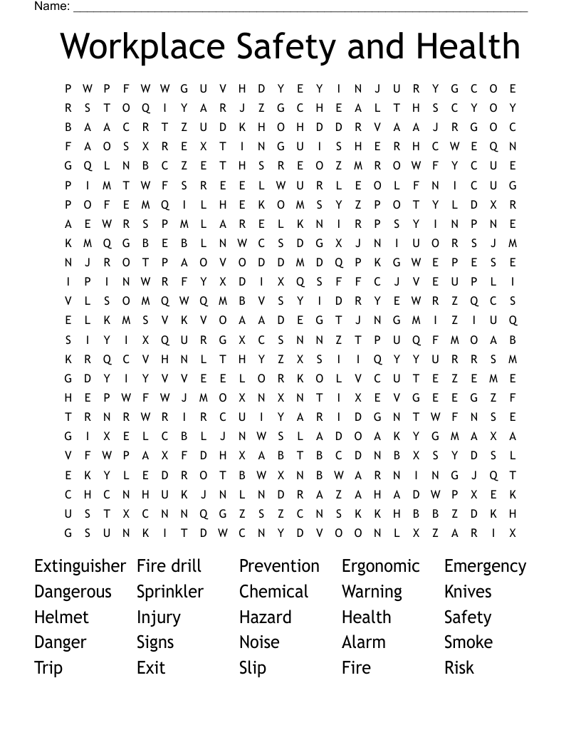 Workplace Safety and Health Word Search