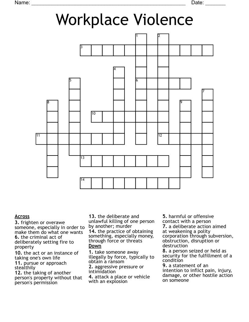 Workplace Violence Crossword