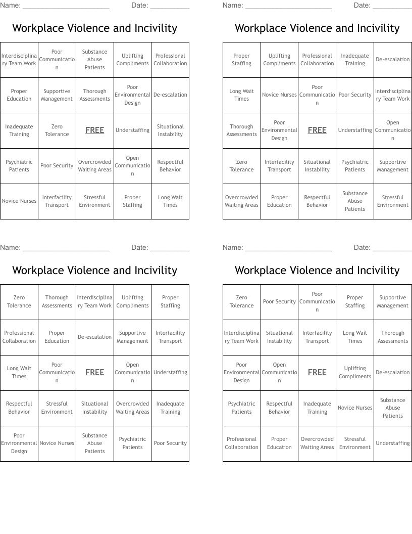 Workplace Violence and Incivility Bingo Cards