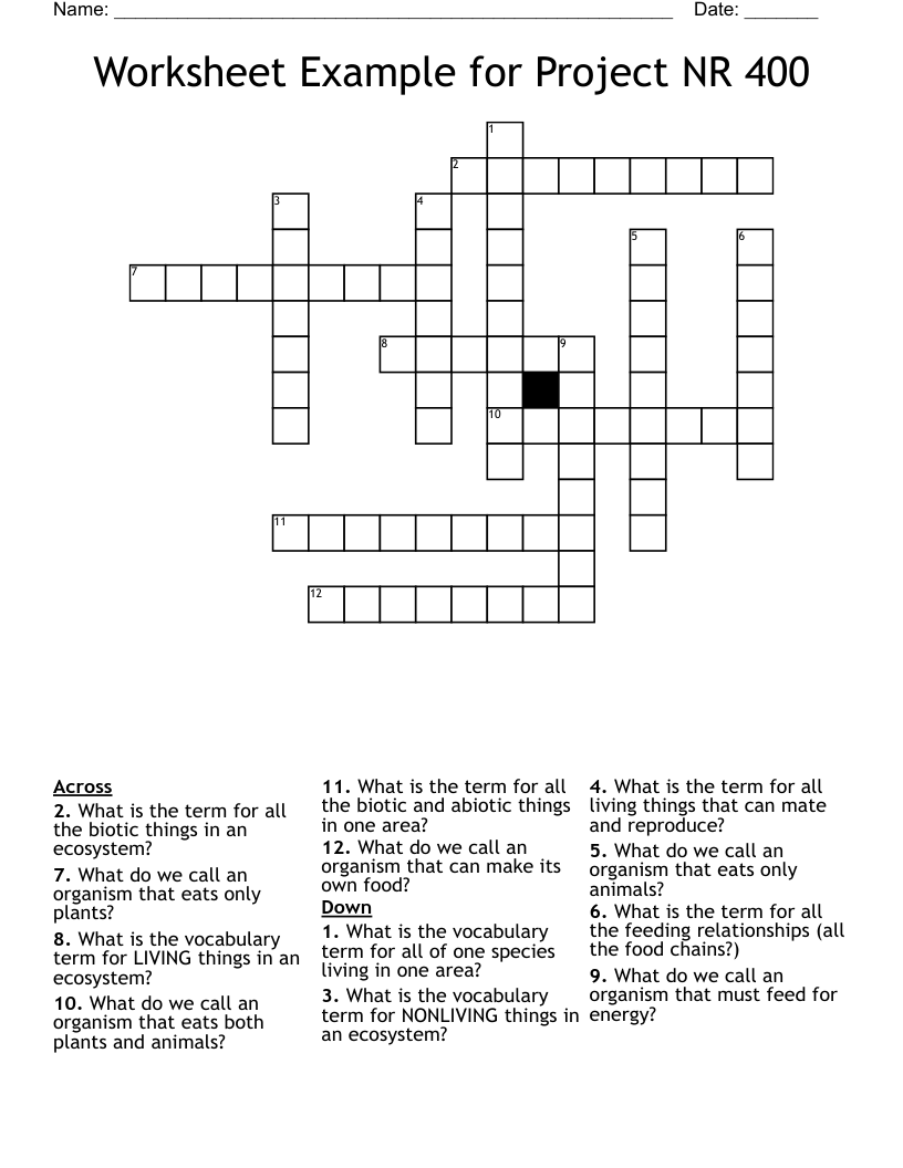 Worksheet Example for Project NR 400 Crossword