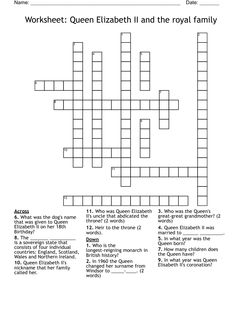 Worksheet: Queen Elizabeth II and the royal family Crossword