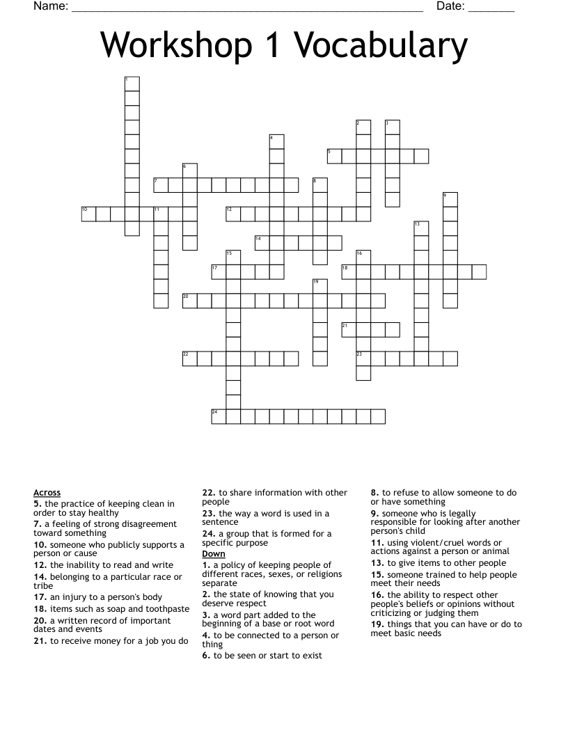 Workshop 1 Vocabulary Crossword