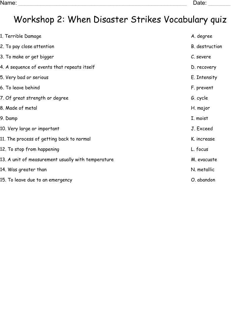 Workshop 2:  When Disaster Strikes Vocabulary quiz Worksheet