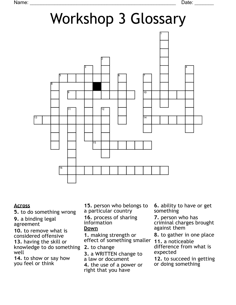Workshop 3 Glossary Crossword