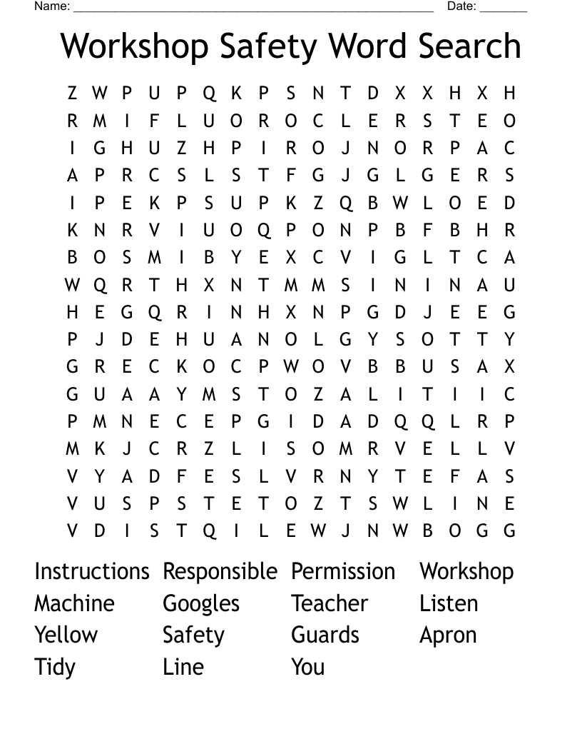 Workshop Safety Word Search