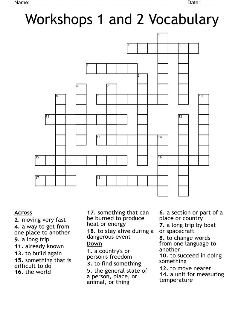 Workshops 1 and 2 Vocabulary Crossword