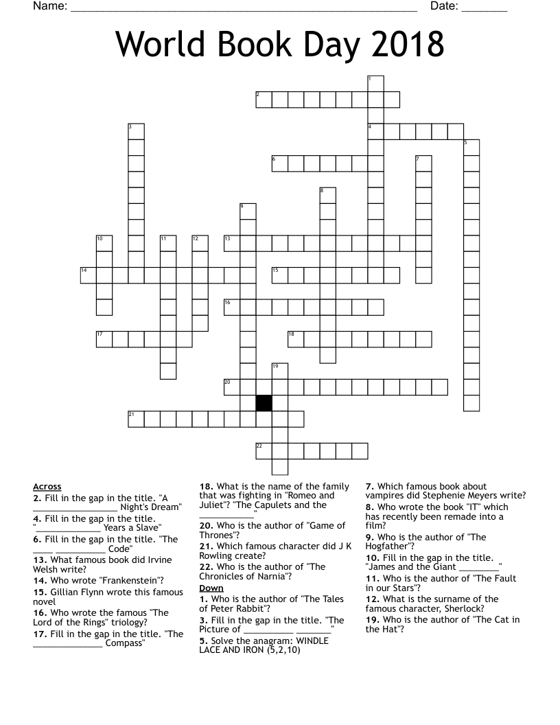 World Book Day 2018 Crossword