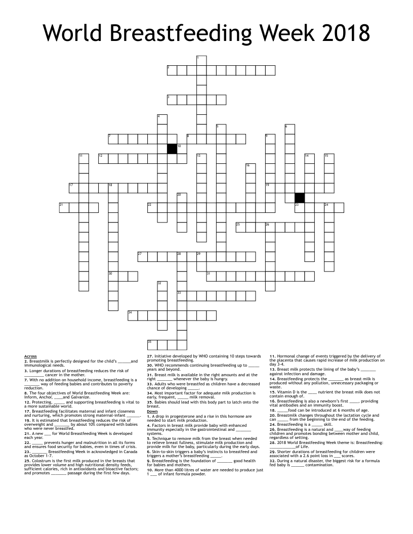 World Breastfeeding Week 2018 Crossword