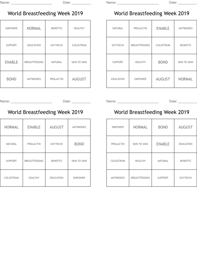 World Breastfeeding Week 2019 Bingo Cards