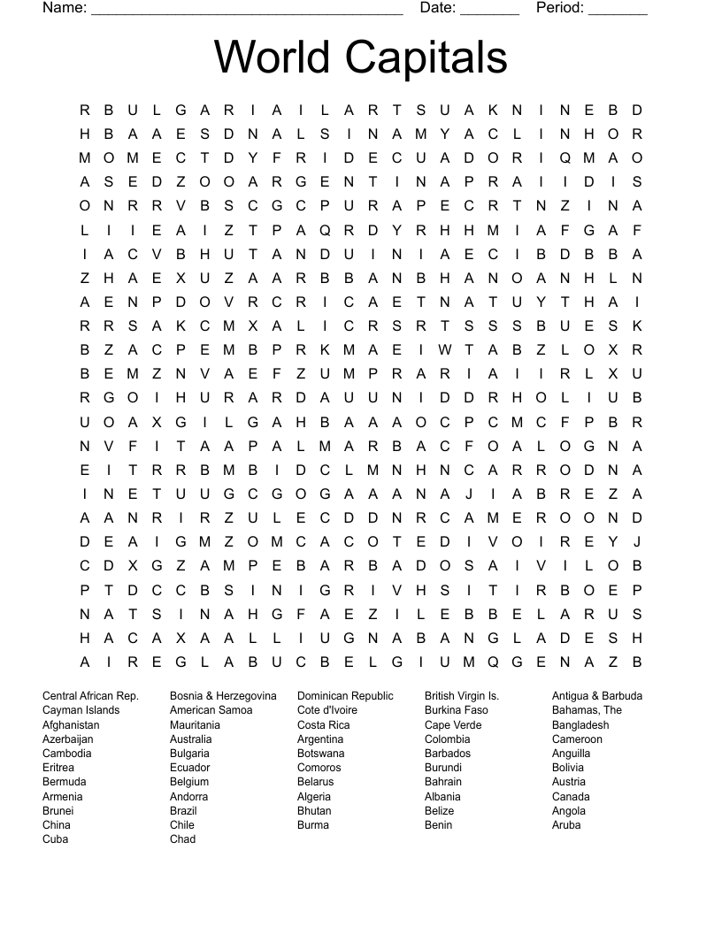 World Capitals Word Search